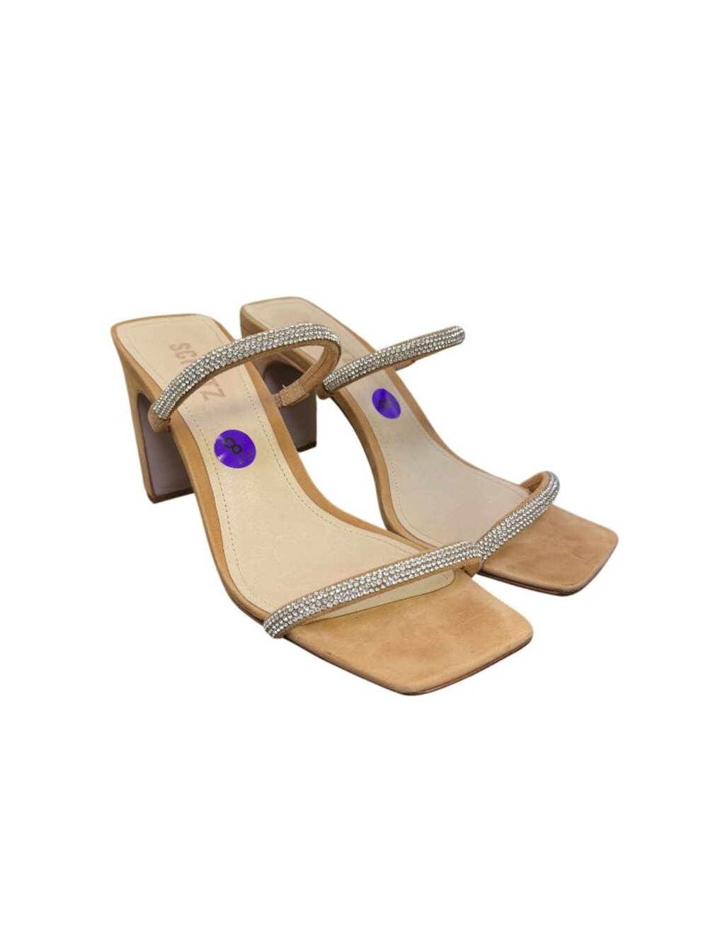 Schutz Tan & Silver Embellished Strappy Square-Toe Heeled Sandals 8